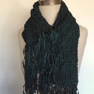 Thin green knit ribbon scarf with fringe, more than 8 ft long